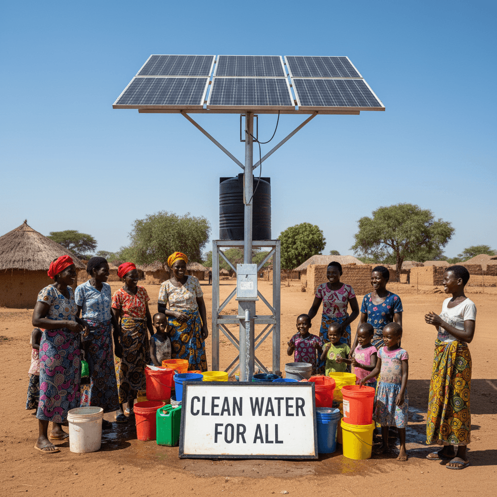 Pompe à eau solaire installée dans un village