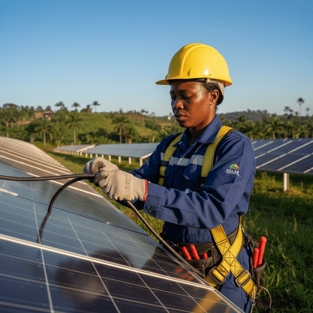 Technicien raccordant les câbles d'un panneau solaire