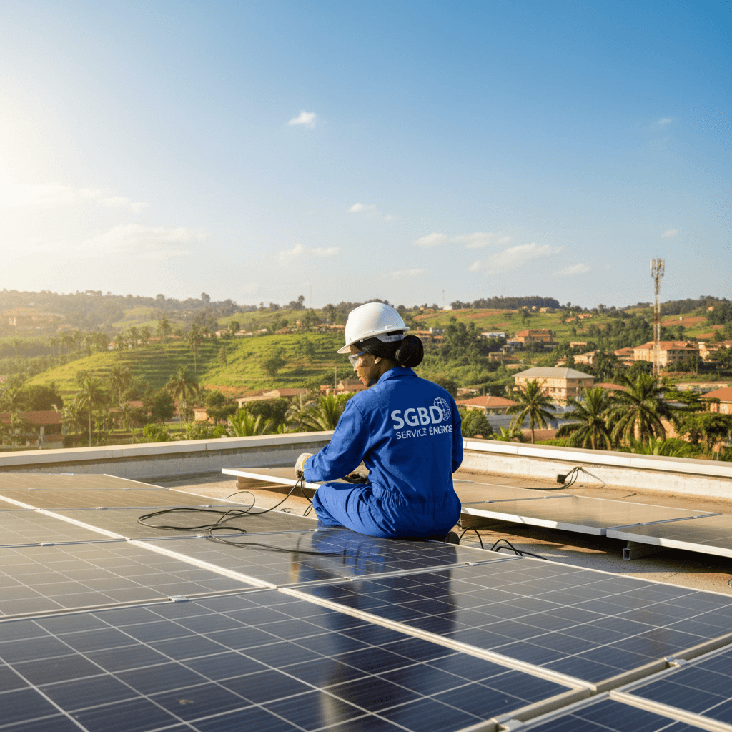 African technician maintaining solar panels on a rooftop in Dschang, Cameroon under clear skies.