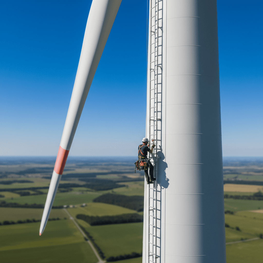 Maintenance d'une éolienne par l'équipe SGBD Service Énergie