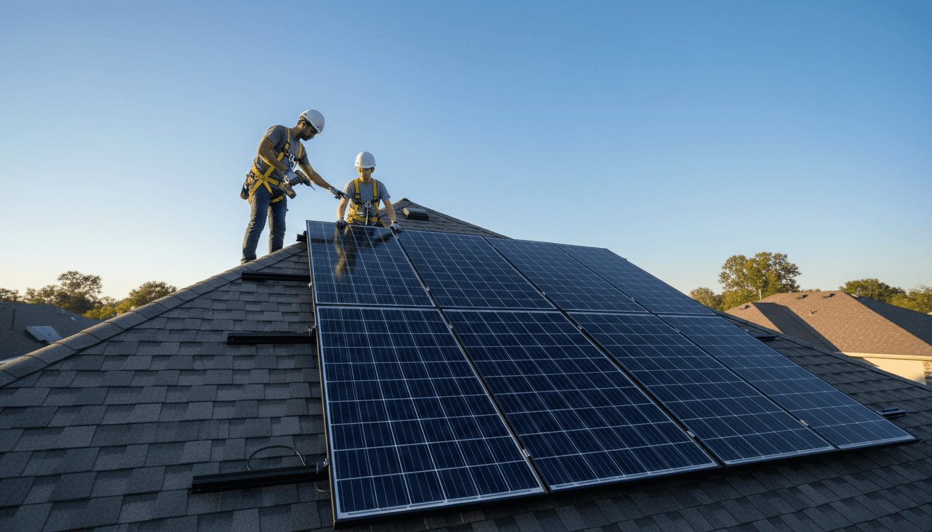 Installation de panneaux solaires sur un toit à Dschang, Cameroun