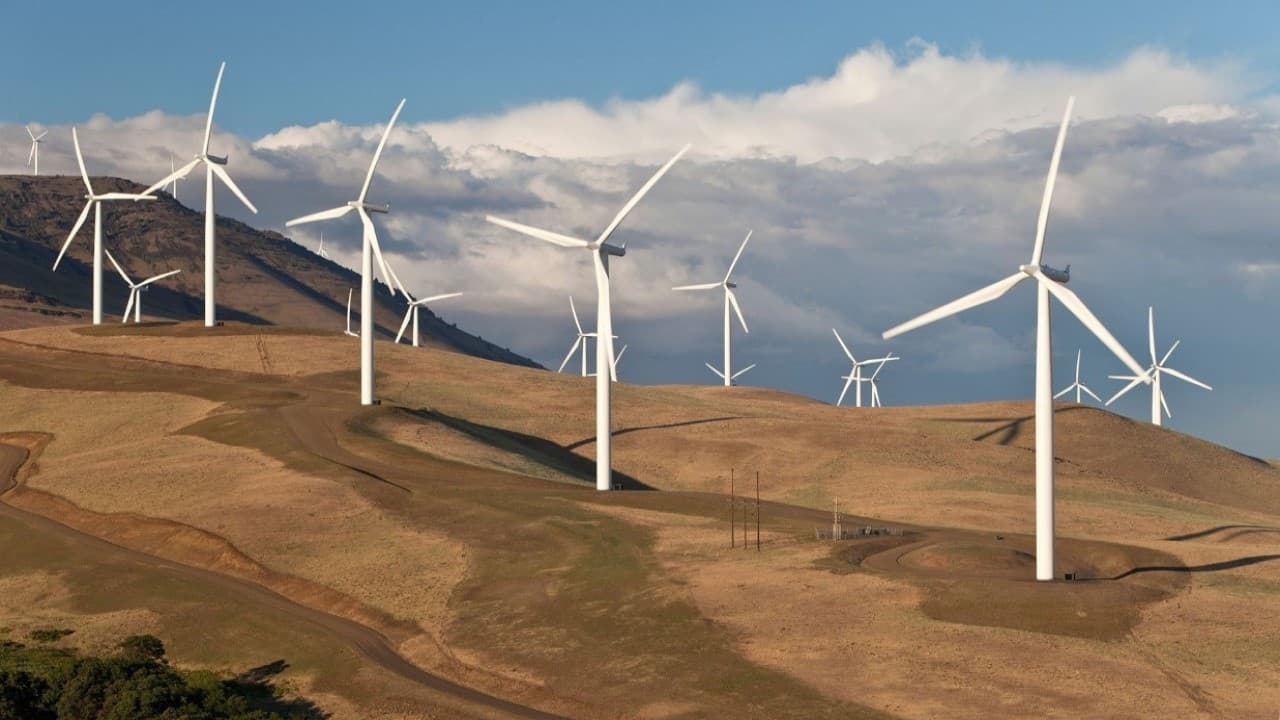 Des éoliennes blanches sur des collines dorées sous un ciel bleu parsemé de nuages.
